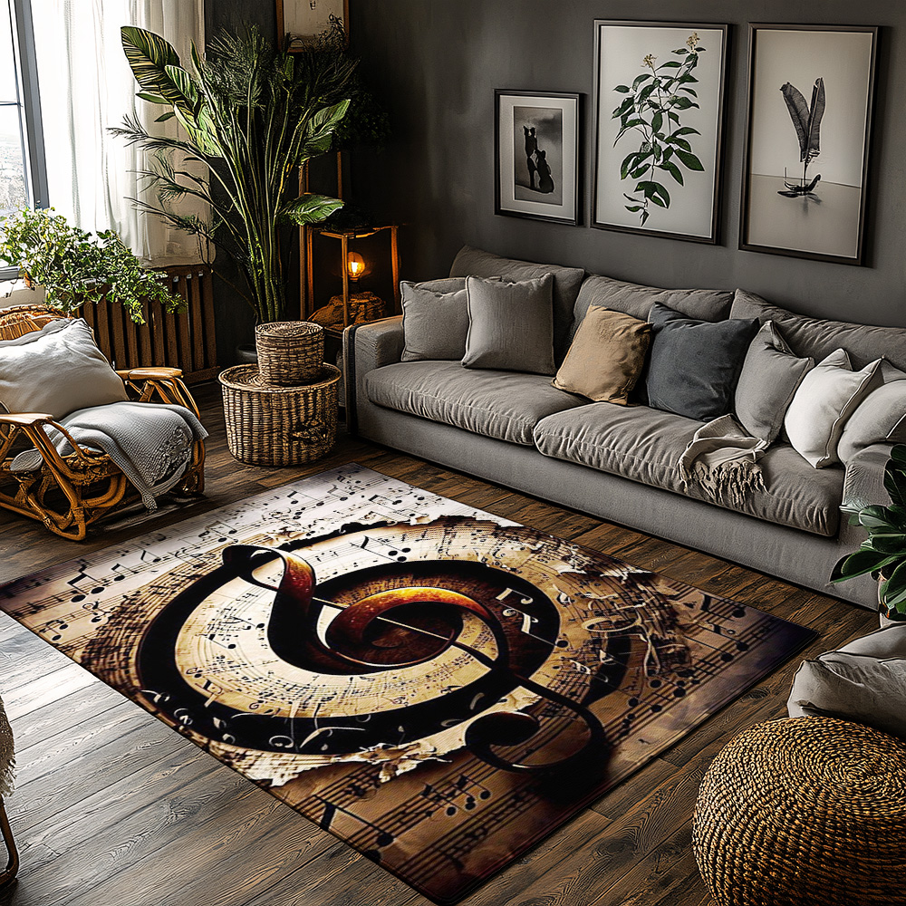 Home Textiles Notes - Golden Treble Clef Music Rug, Brown